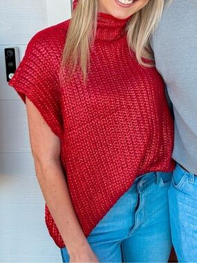 Red Knit Short-Sleeve Turtleneck Sweater